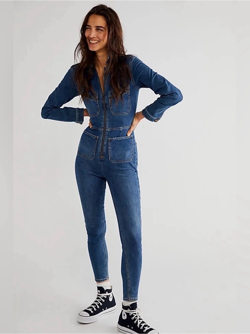 Free People Lennox Denim Stretch Jumpsuit Size Medium